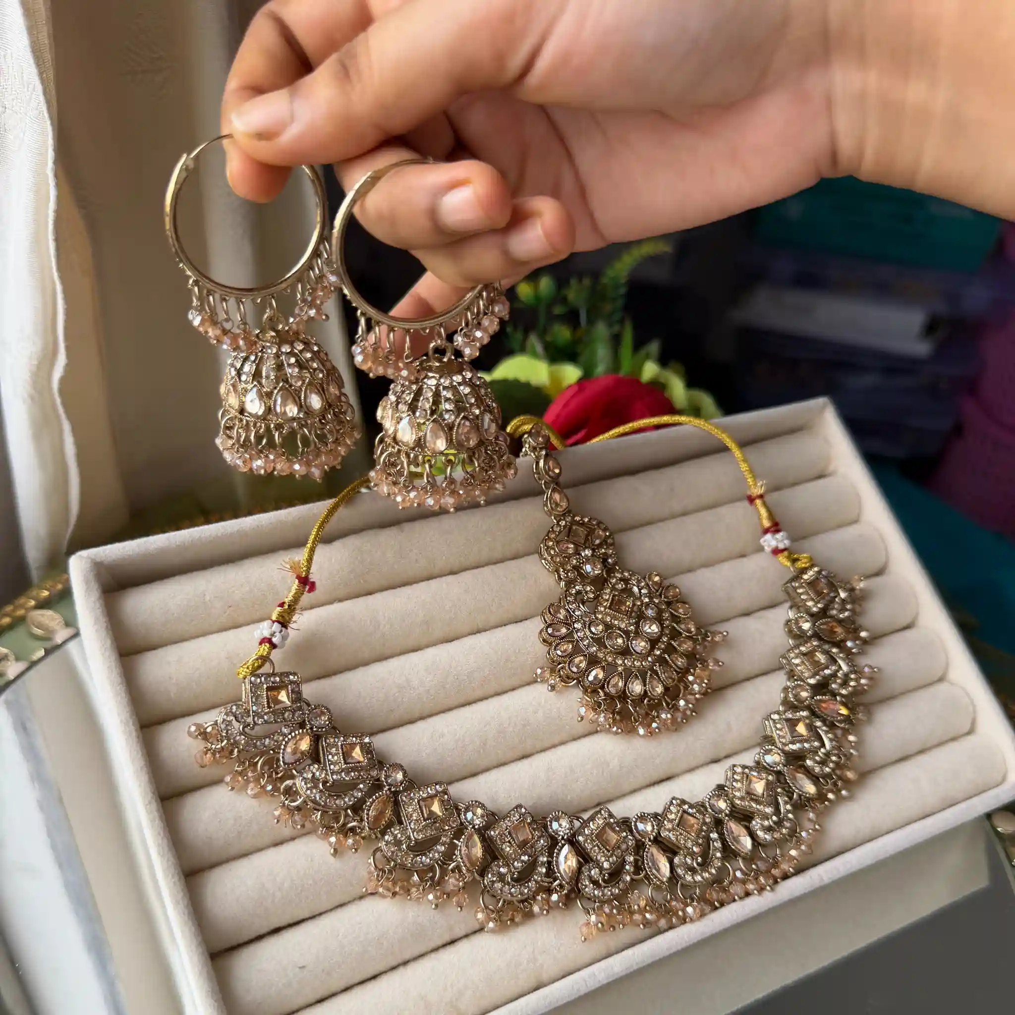 Hoop jhumka with champagne necklace set