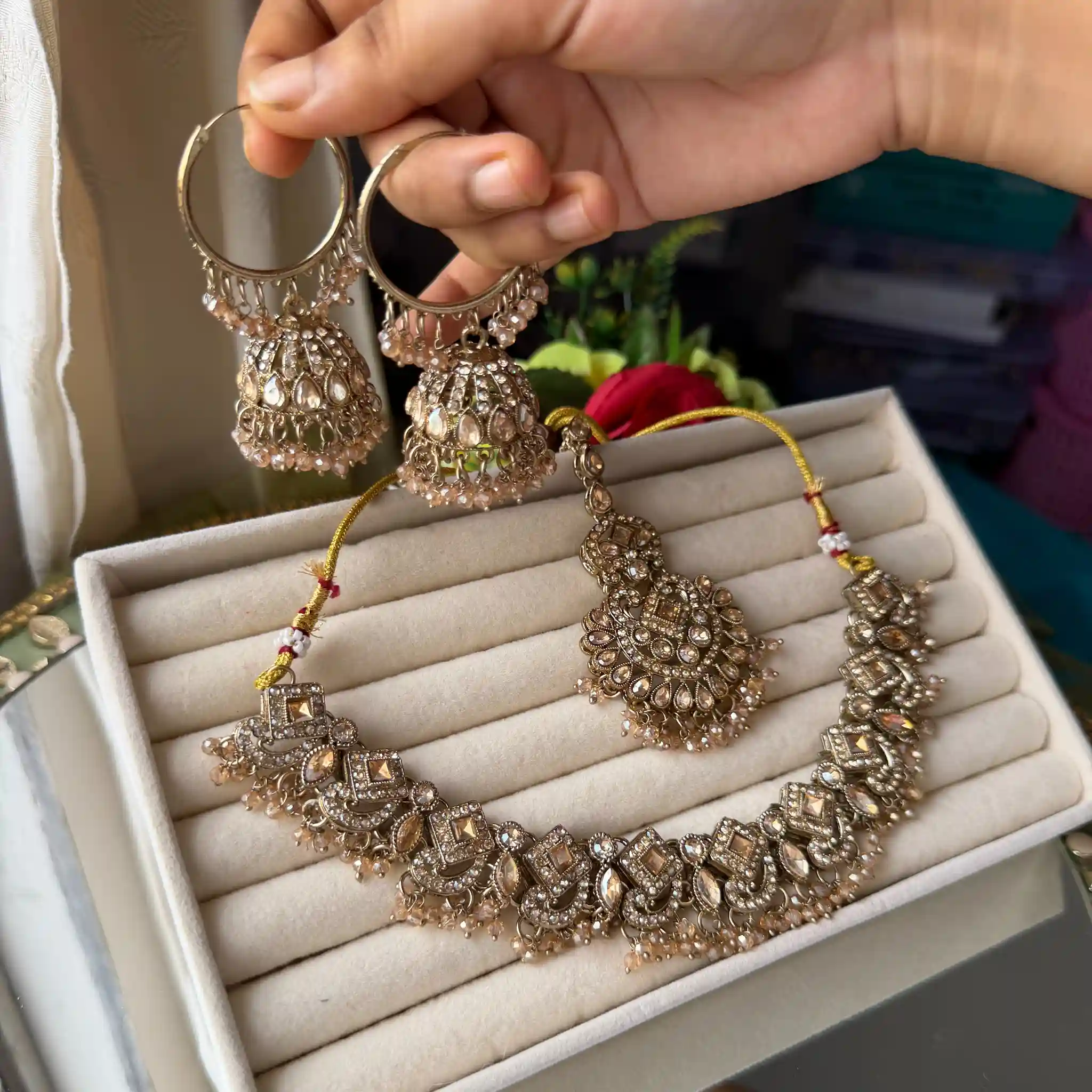 Hoop jhumka with champagne necklace set