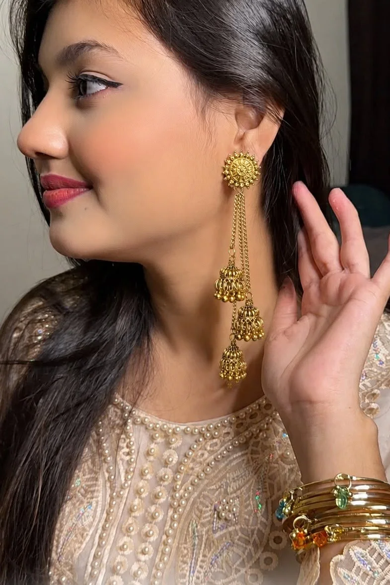 long copper triple jhumka