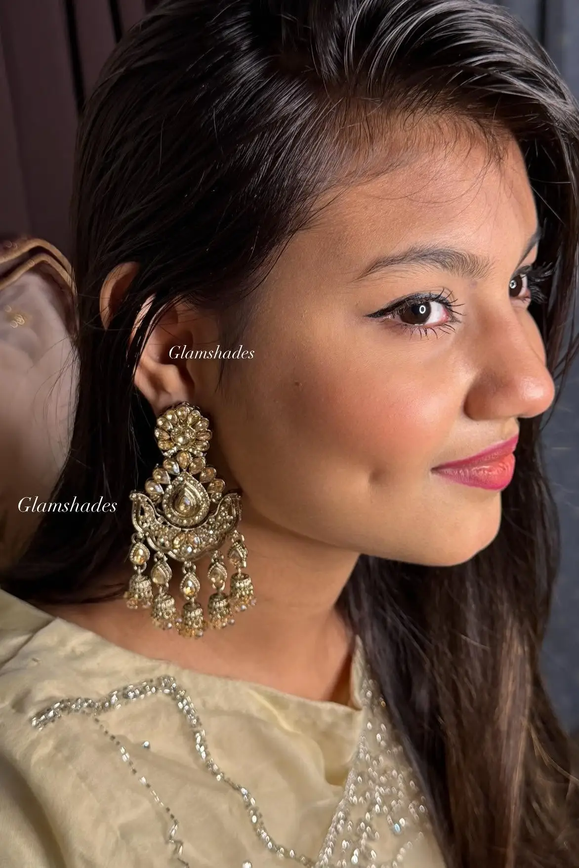 Champagne Statement with mini dropped jhumka thumbnail 2