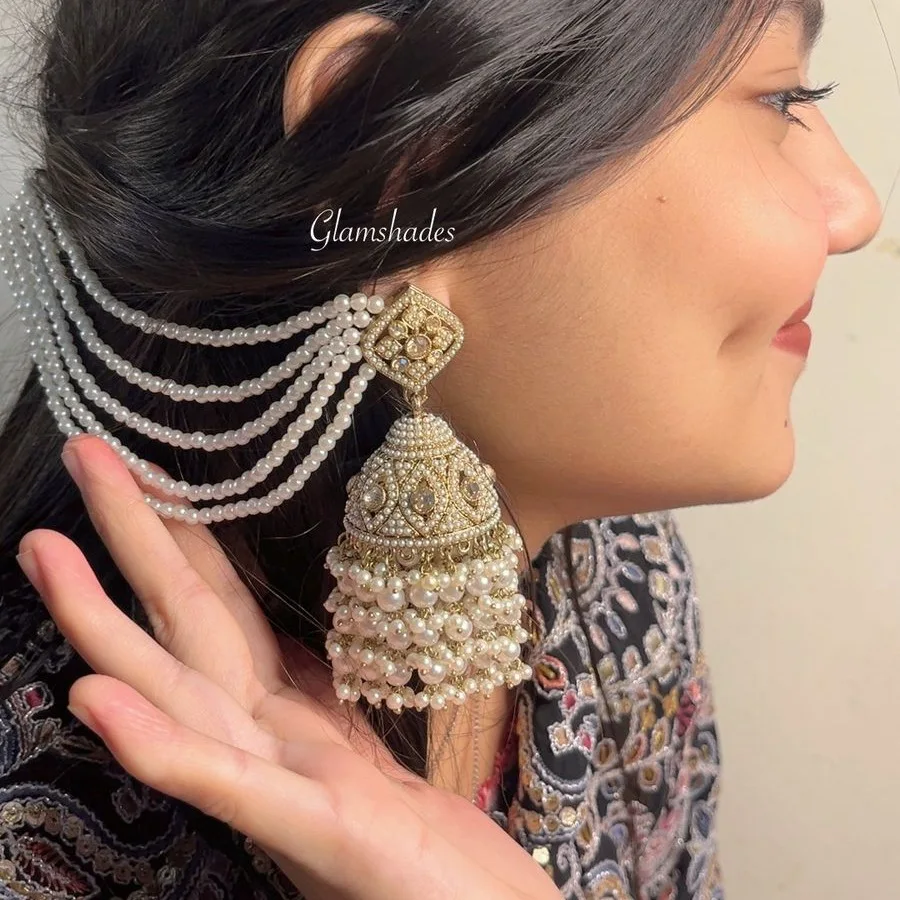 Multani Bahubali Jhumka with 5 layered pearl tana