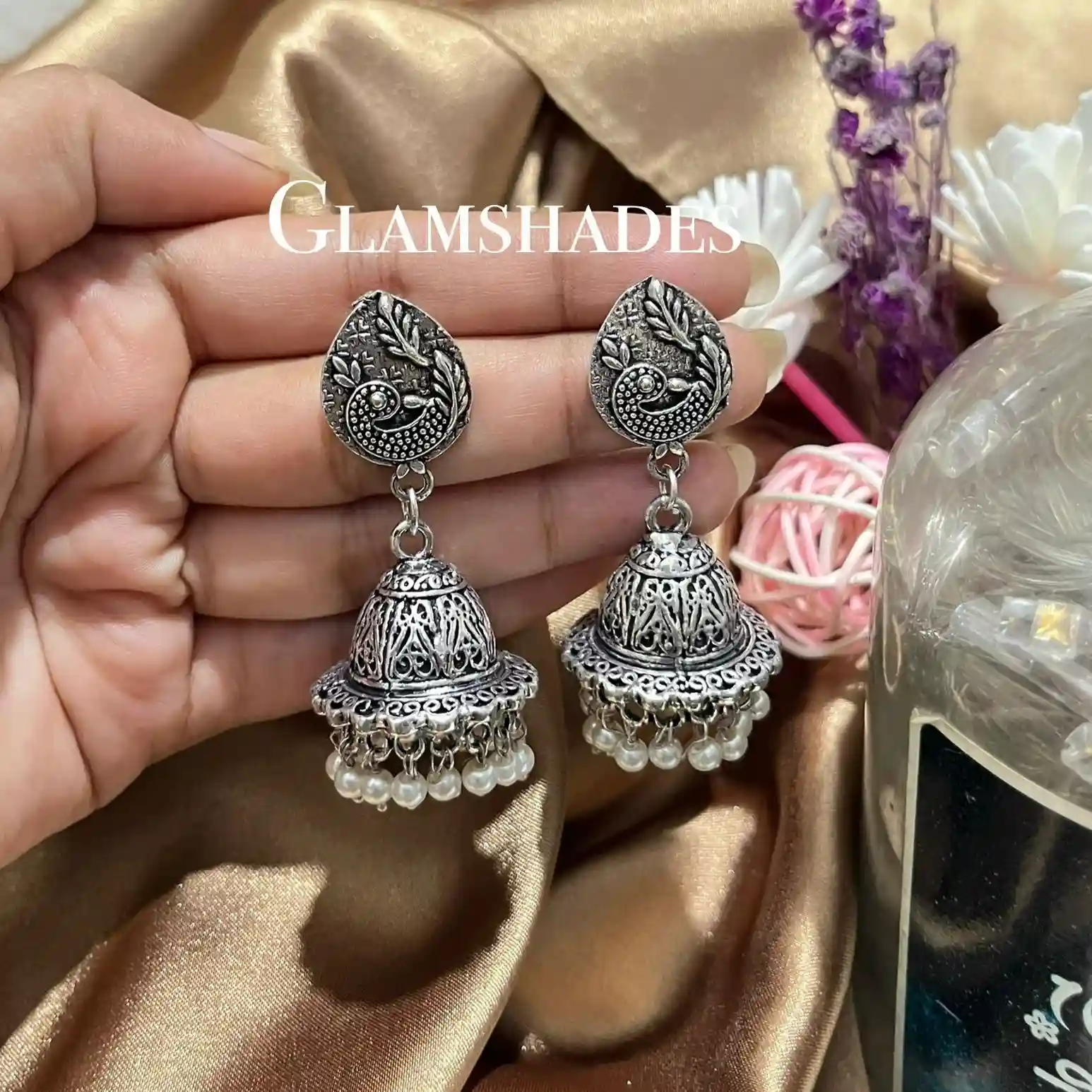 Oxidised Peacock Pearl Jhumka