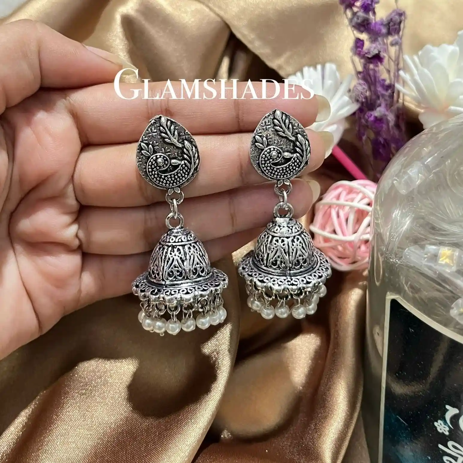 Oxidised Peacock Pearl Jhumka