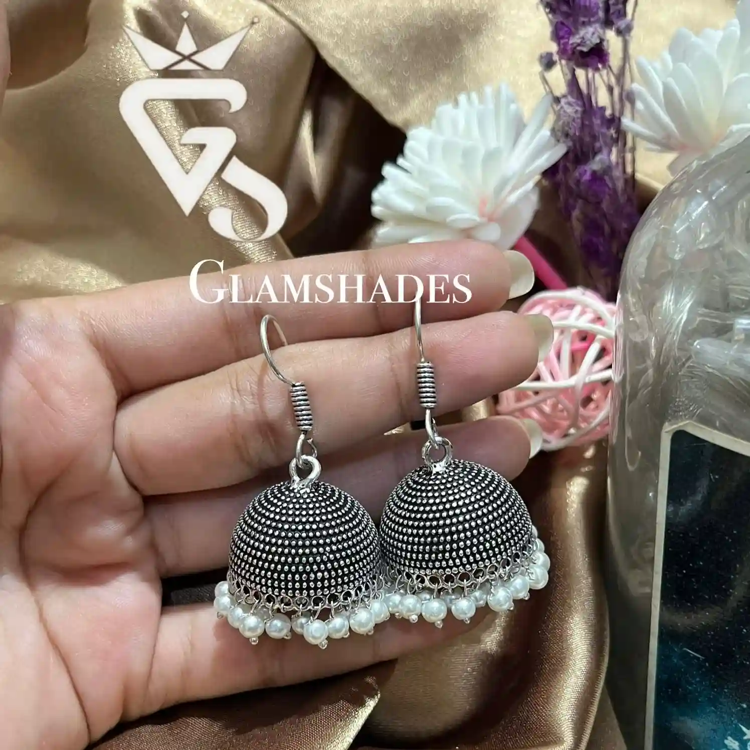 Traditional Silver Dome Jhumka with Pearl Drops