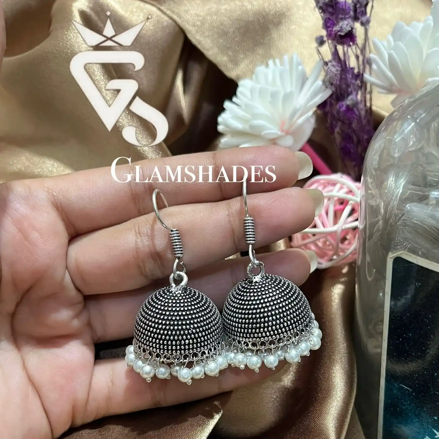 Traditional Silver Dome Jhumka with Pearl Drops