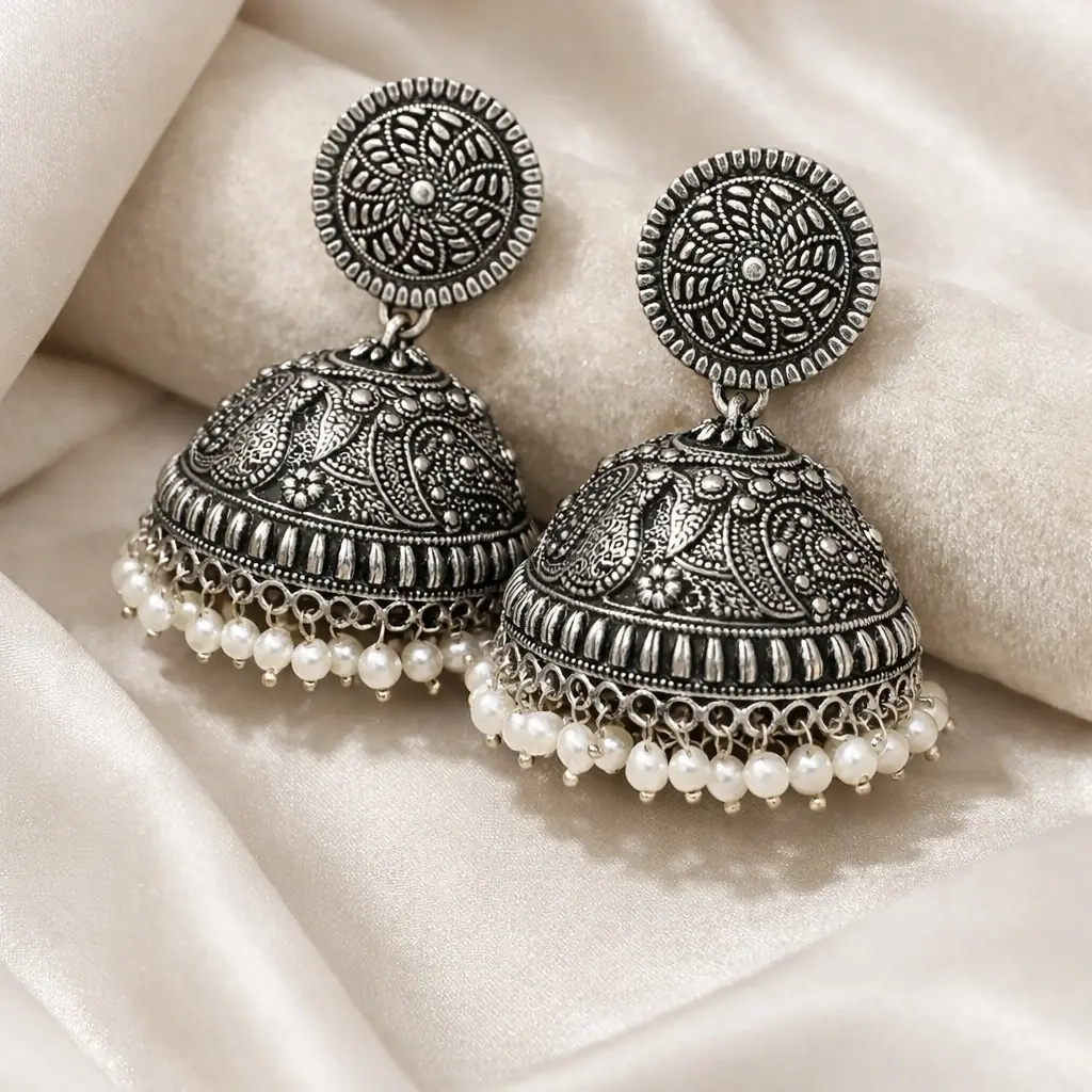Oxidised Floral Pearl Jhumka
