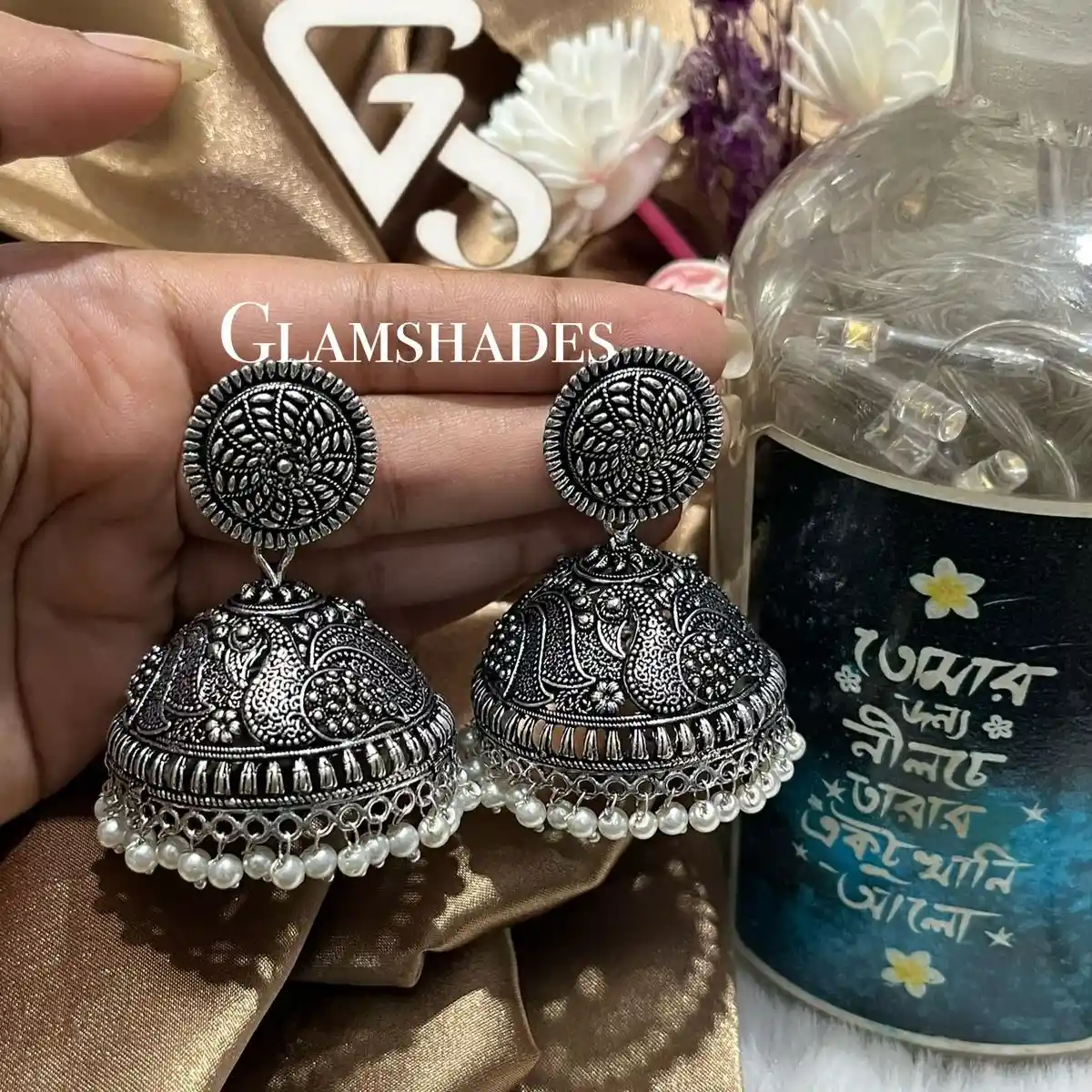Oxidised Floral Pearl Jhumka thumbnail 2