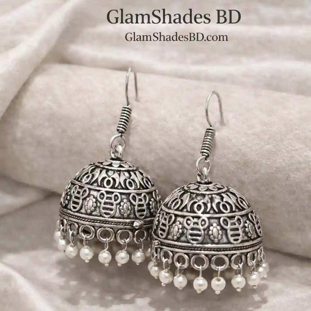 Silver Filigree Dome Jhumka with Pearl Drops