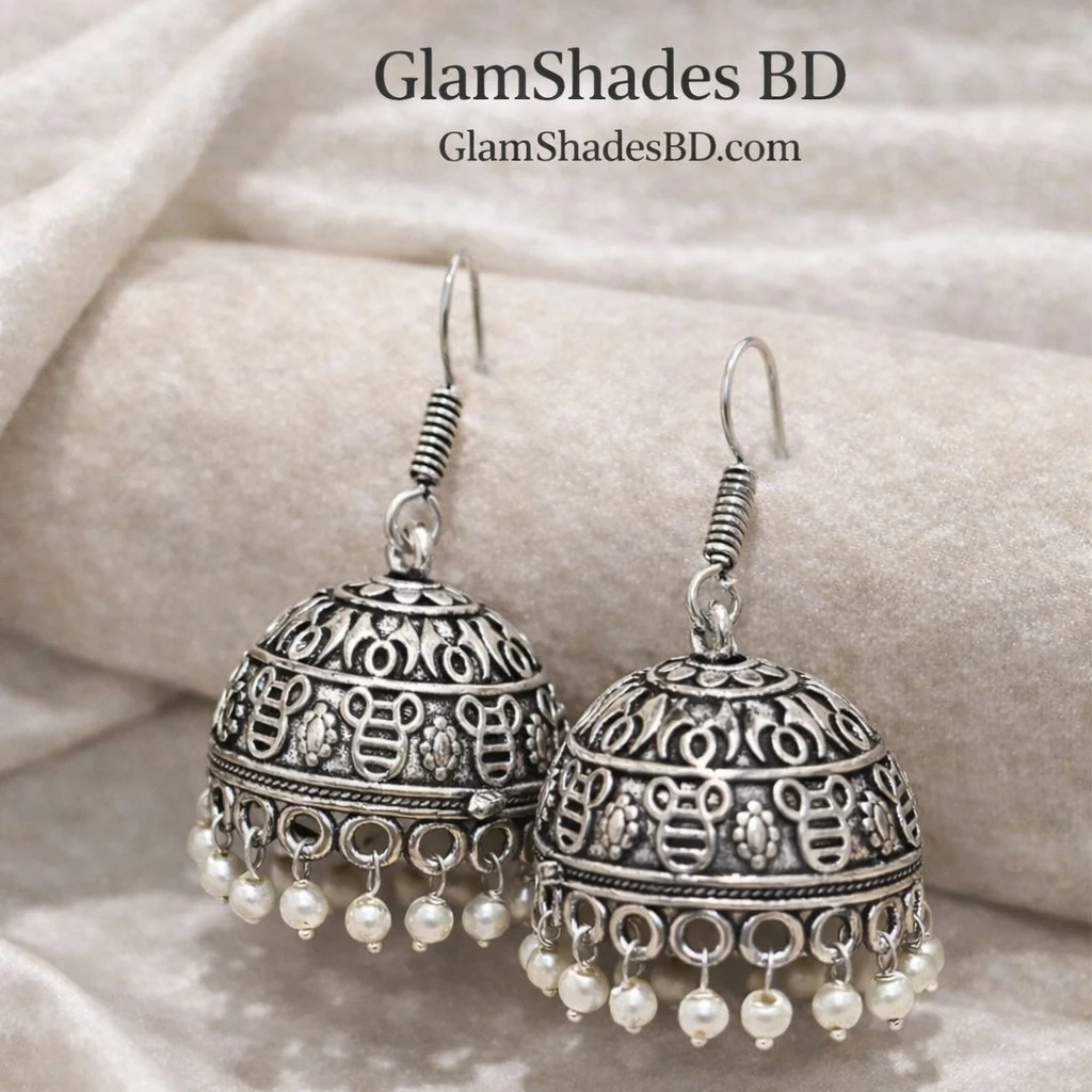 Silver Filigree Dome Jhumka with Pearl Drops