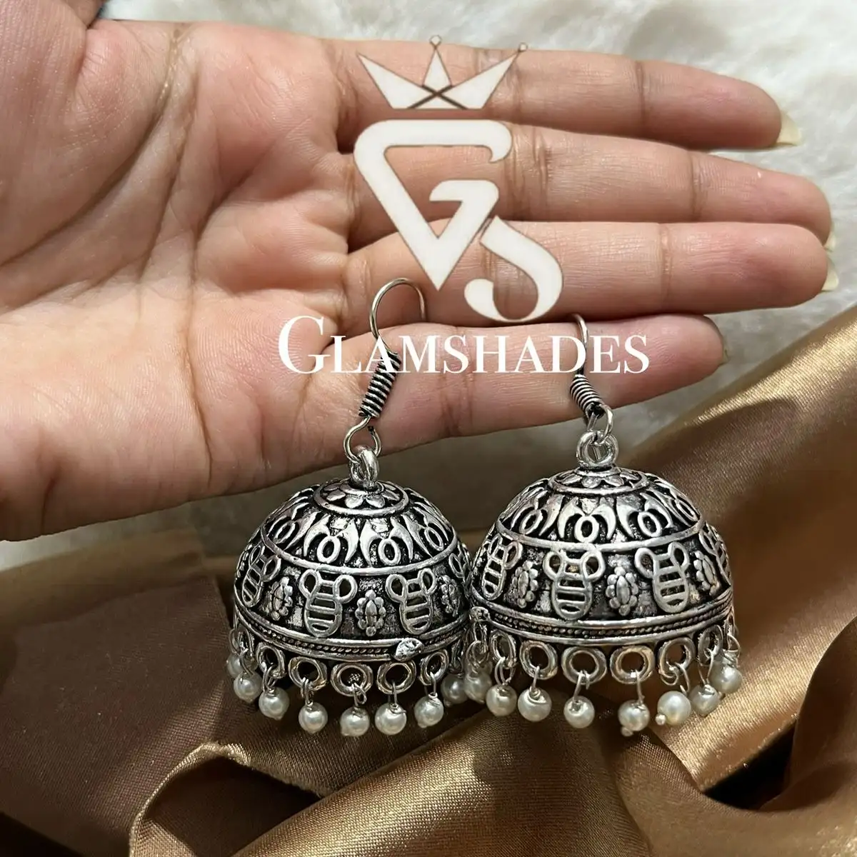 Silver Filigree Dome Jhumka with Pearl Drops thumbnail 2