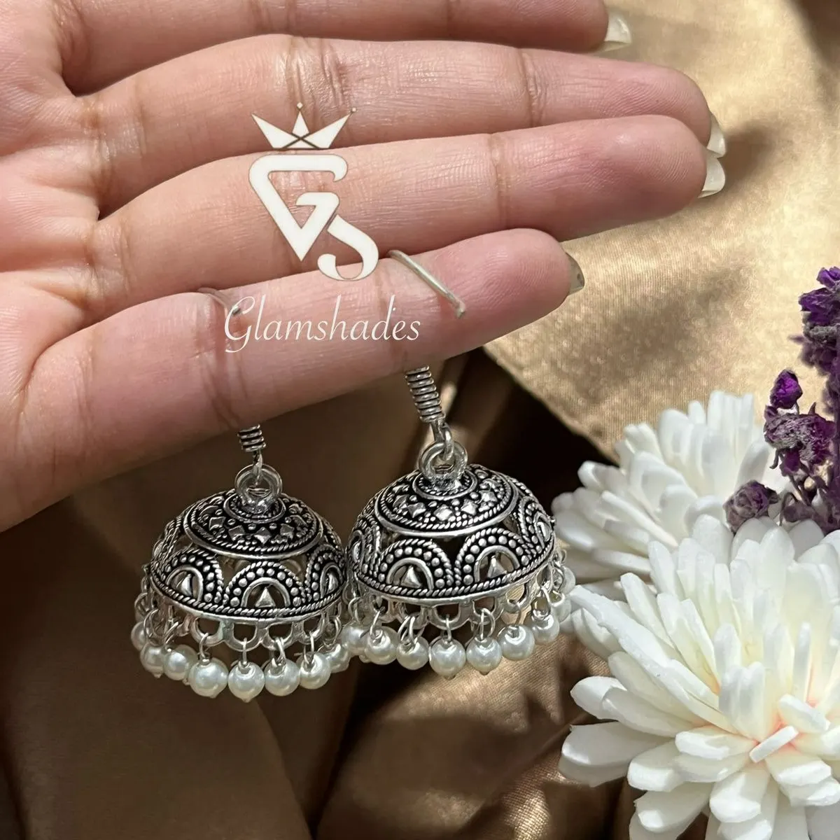 Oxidized Silver Pearl Drop Jhumka