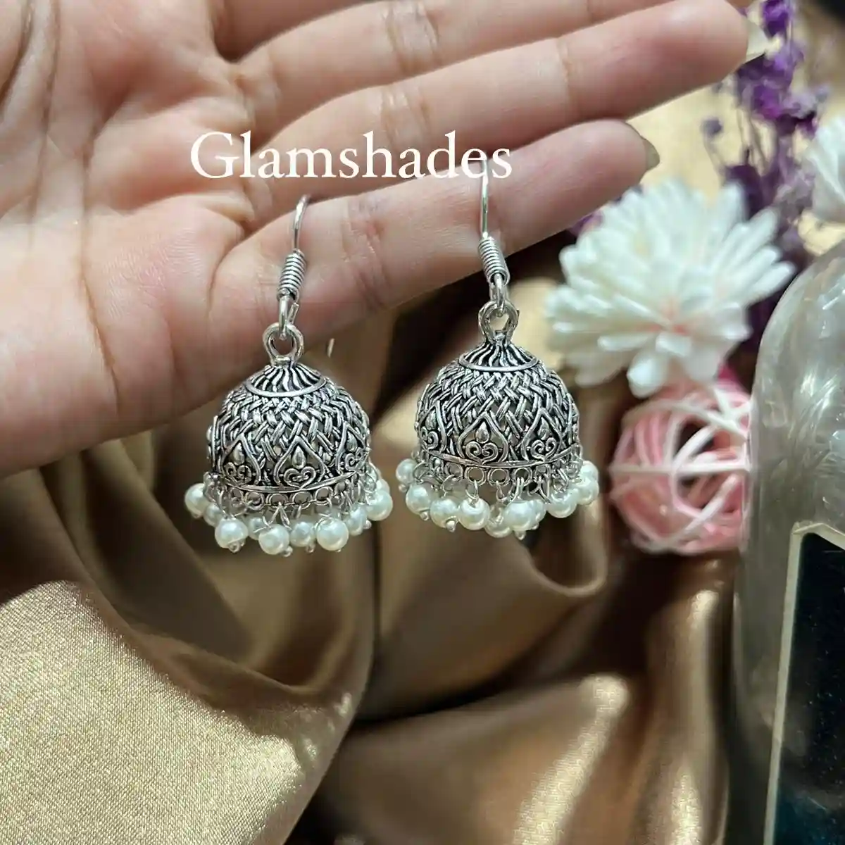 Oxidized Woven Filigree Pearl Jhumka