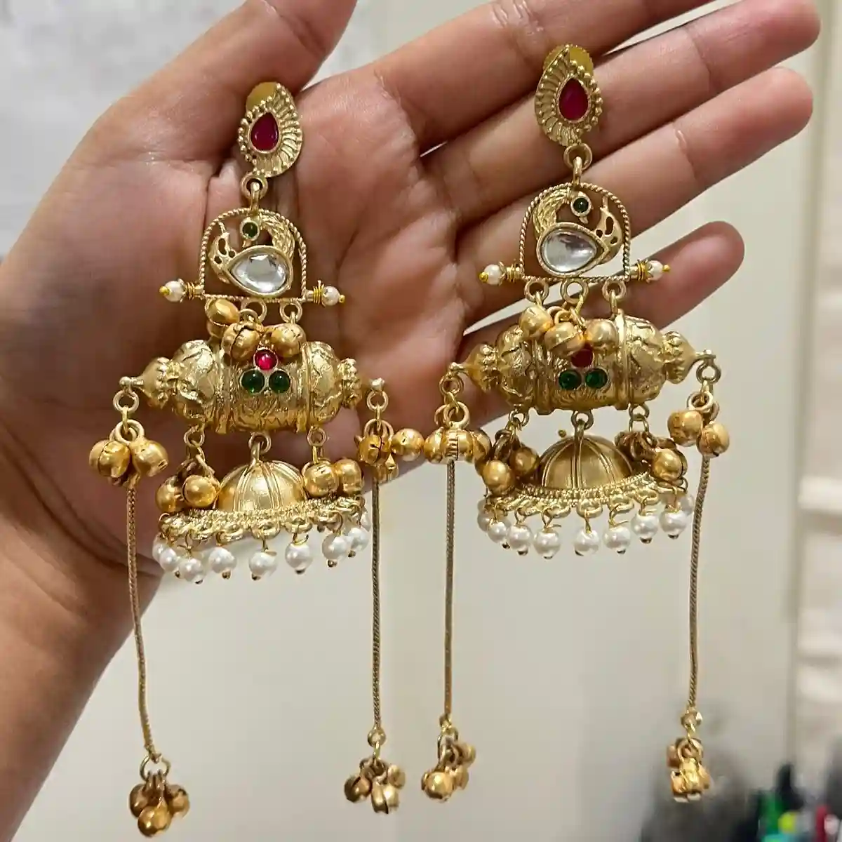 monalisa stone and panchi kundon worked kashmiri earrings 2