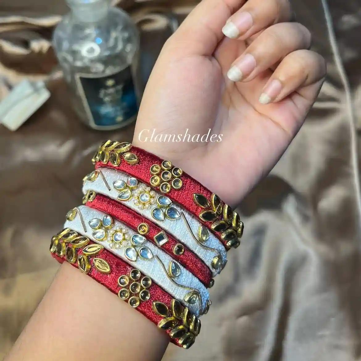 Red & White Kundan Thread Bangles – Set 4