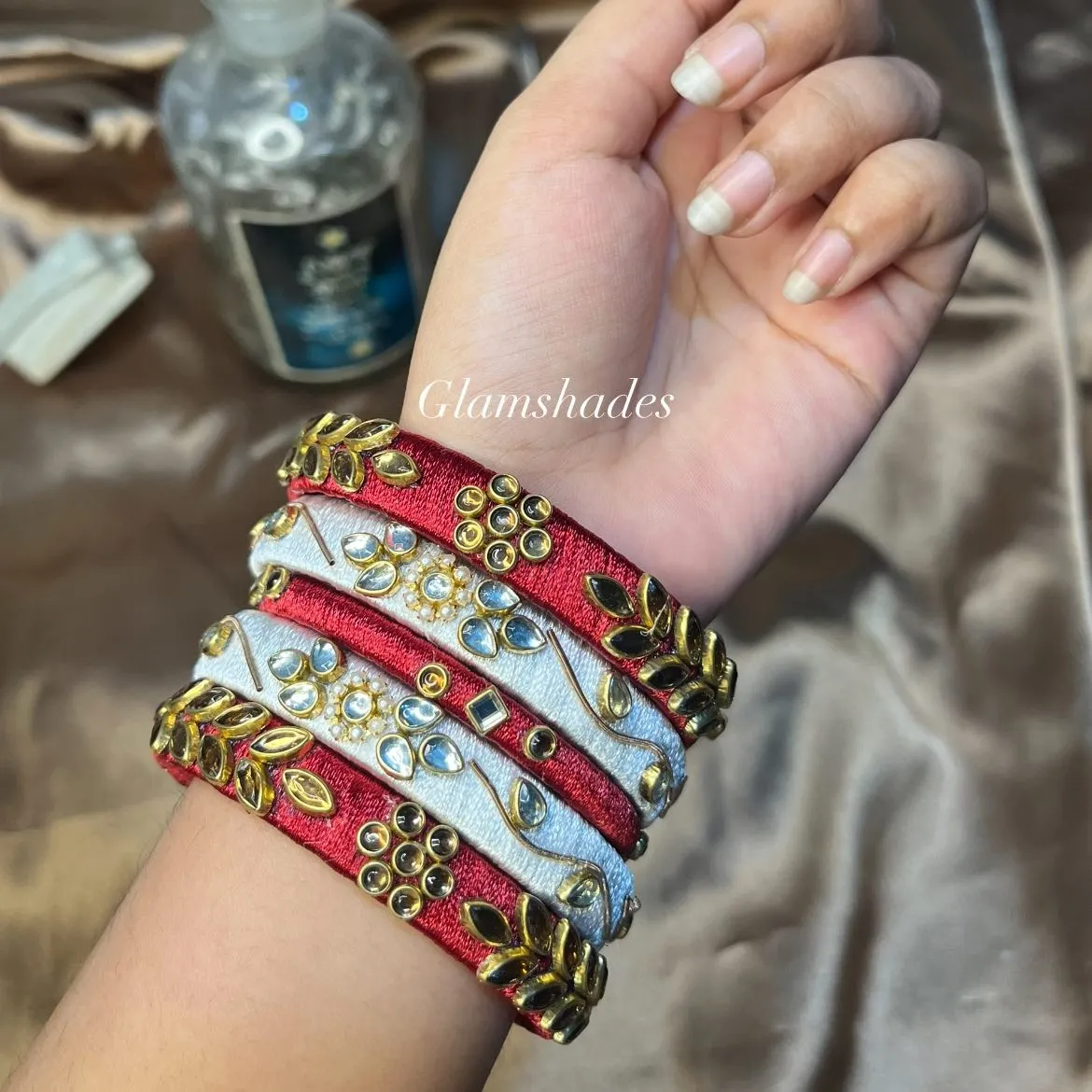 Red & White Kundan Thread Bangles – Set 4