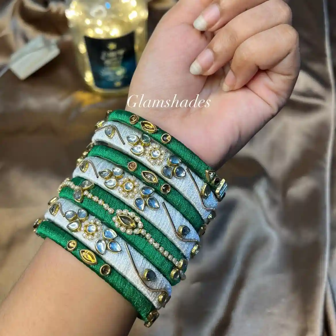 Green & White Kundan Thread Bangles – Set 5