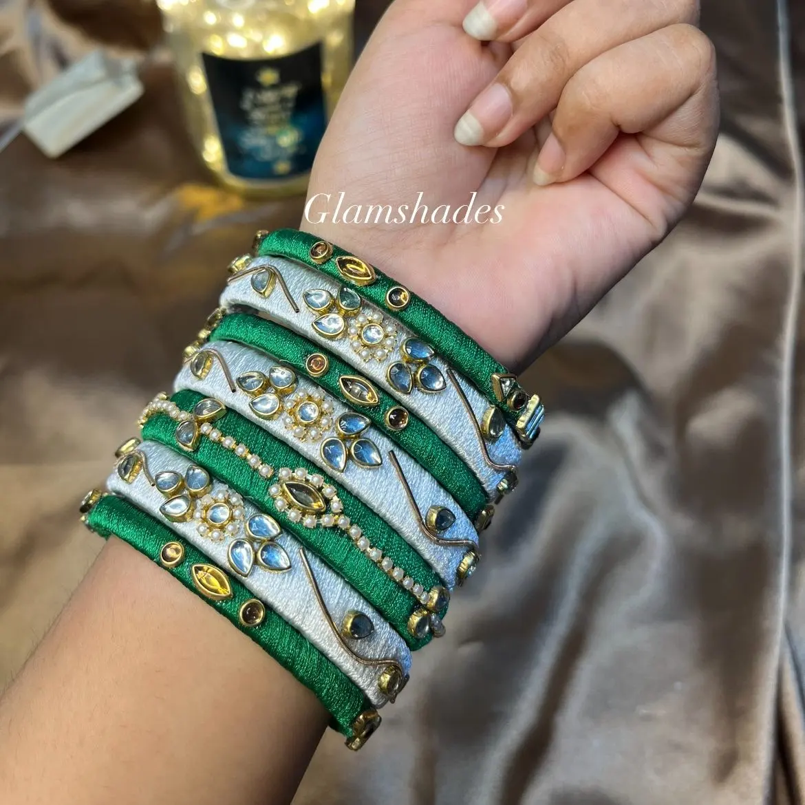 Green & White Kundan Thread Bangles β Set 5