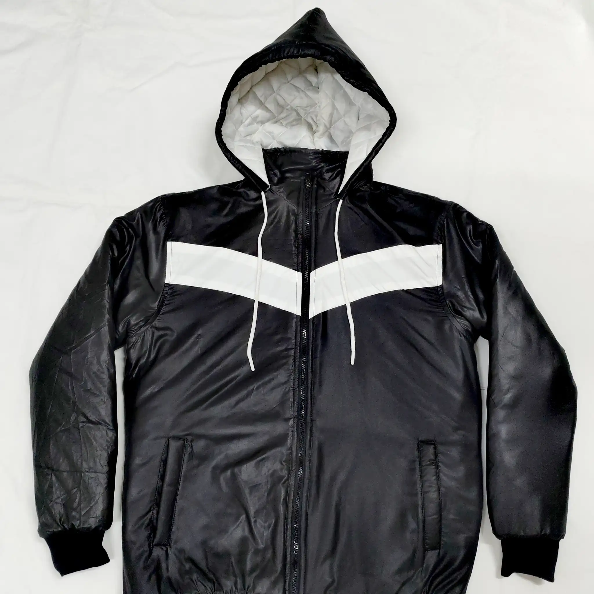 Men's Black & White Contrast Puffer Hoodie Jacket thumbnail 3