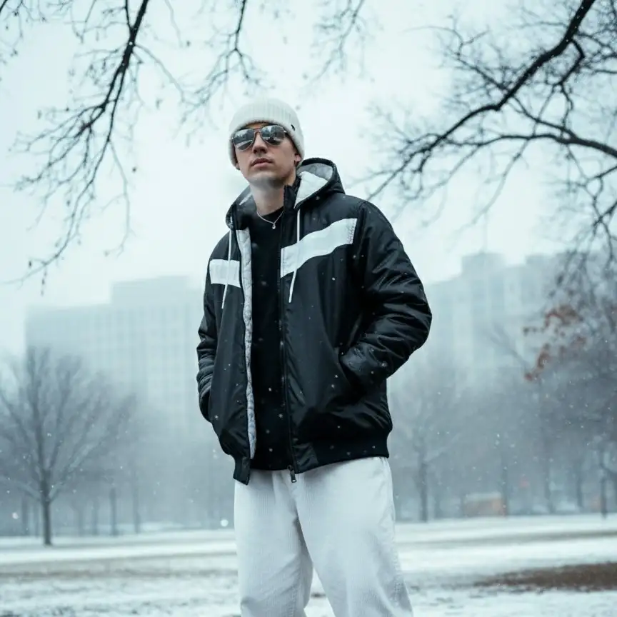 Men's Black & White Contrast Puffer Hoodie Jacket